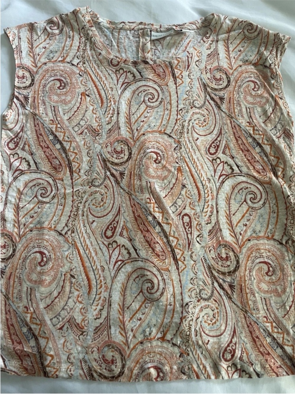 Rachel Zoe sleeveless  Paisley Print Tank Top Cream  Rust Orange large 💯 linen